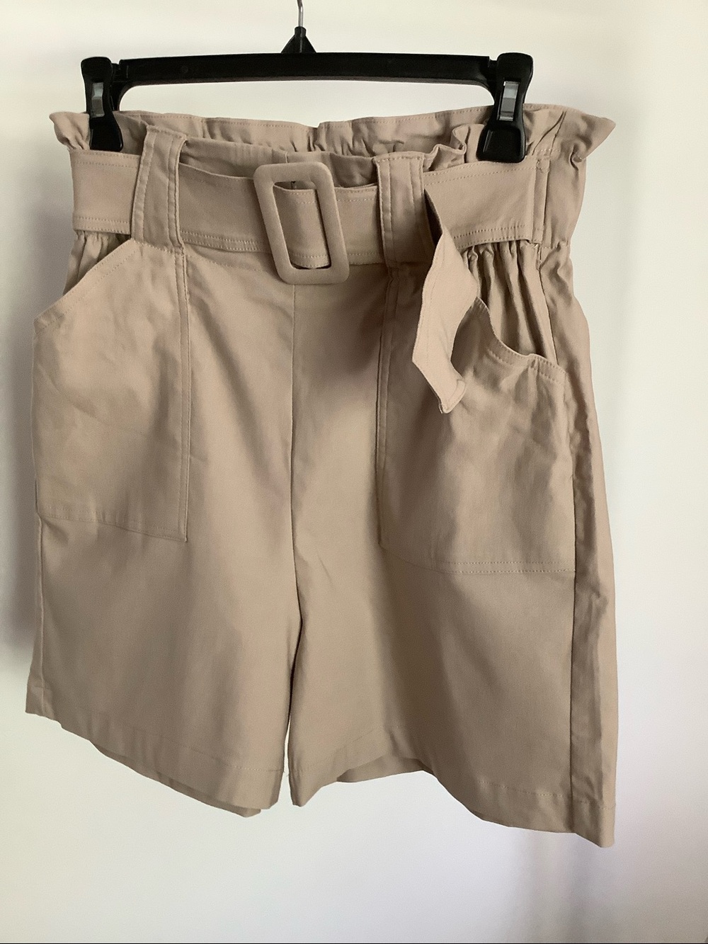Awakening Beige Elastic-PaperBag Waist Shorts, Small